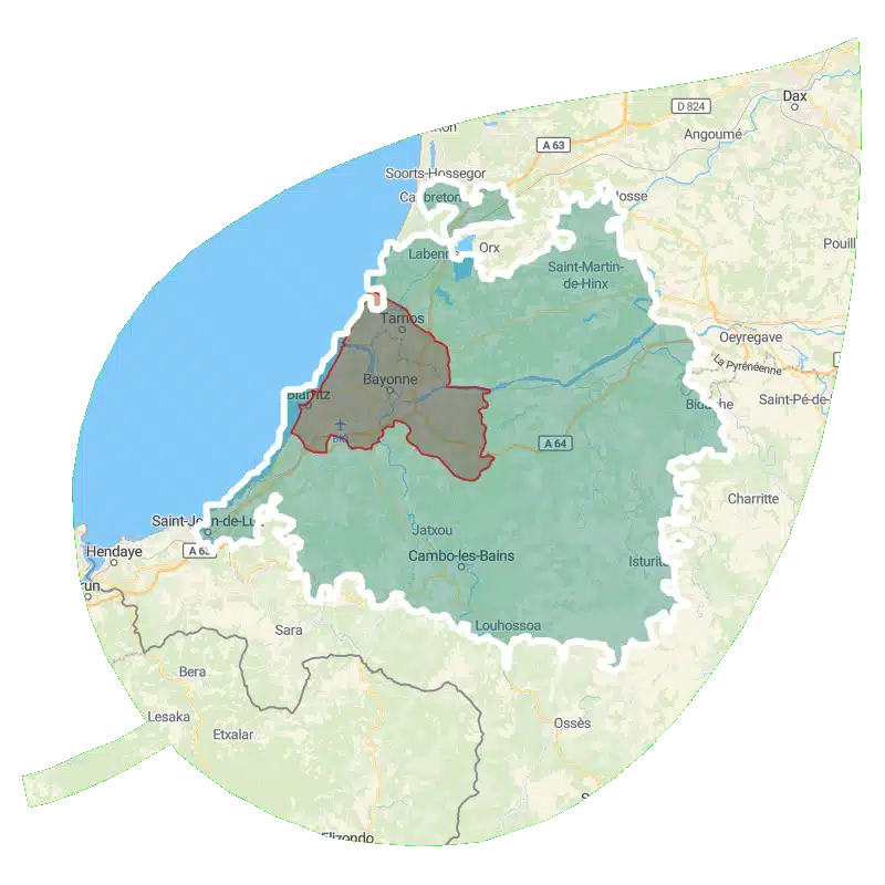 Plan représentant la zone d'intervention de BioProClean BPC entreprise de nettoyage : Bayonne Anglet Biarritz Bidart et alentours